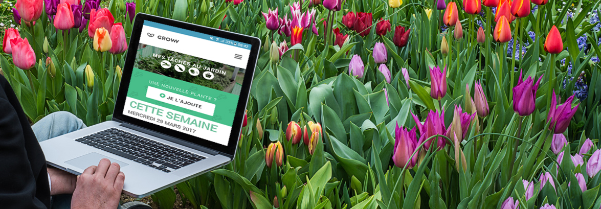 Homme travaillant dans son jardin avec un ordinateur